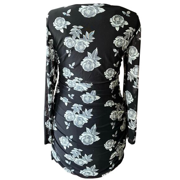 Black Floral Bodycon Mini Dress Long Sleeve Ruched Stretchy XL Whimsygoth, Party - Picture 2 of 6